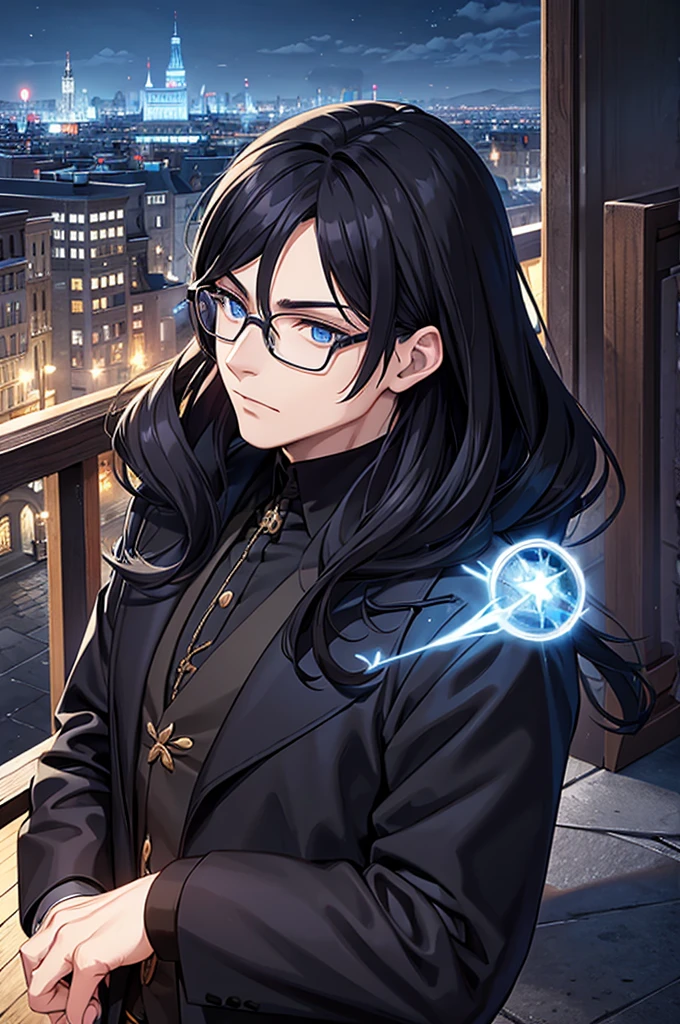 Man with glasses, magician with long black hair, dark blue eyes, wears blue with black magician clothes, young magician, intellectual, cold personality, medieval city background.