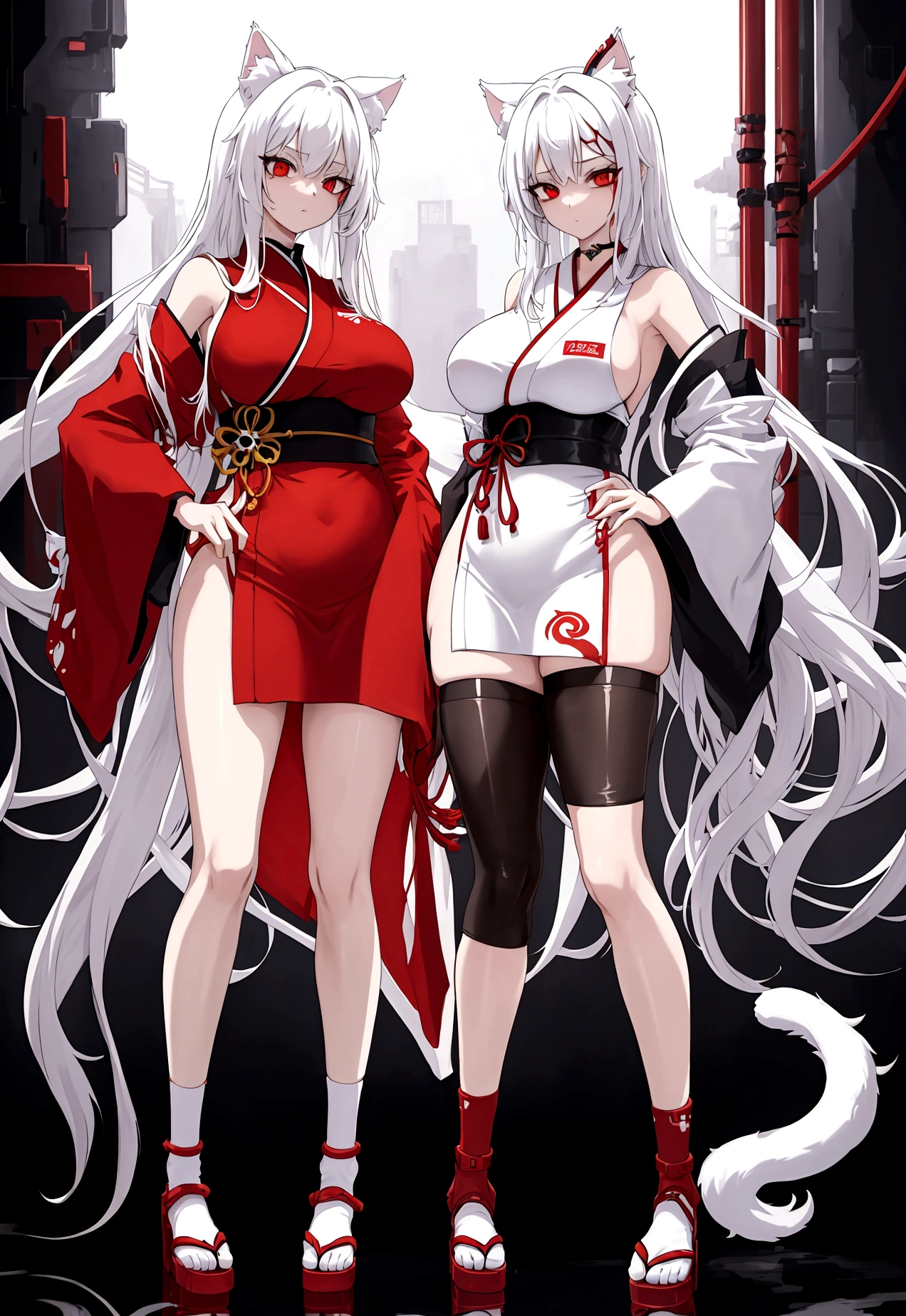 Make a full body character with 2D graphics based on current anime 4k-8k The character is 22 years old. Mature body with big breasts and curves. Eyes red, white cat ears, long white hair down to the ankles. Cat's furry tail. The outfit is a mix of traditional Japanese kimono, Qipao chines stylized in a cyberpunk way. The colors of the clothes are predominantly white with details of blood red and gold.. With sock 3/4 black and white, sandalhas ninja estilo cyberpunk.
