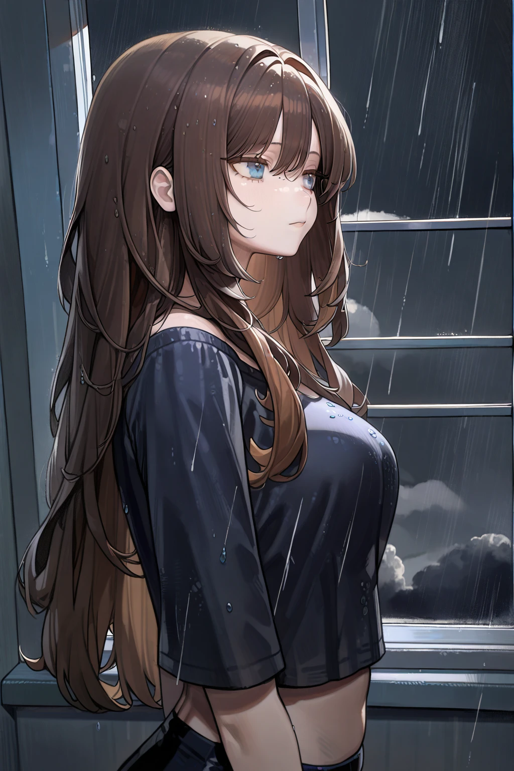 1 girl, CuteStyle, upper body, blue eyes, long hair with bangs, brown hair, looks away, sits on the windowsill, cloudy weather, black clouds, rain outside the window, water drops on the window, gray shades, dressed in a black T-shirt, big hips, sad look, red tulle, detailed, beautiful, delicate tones