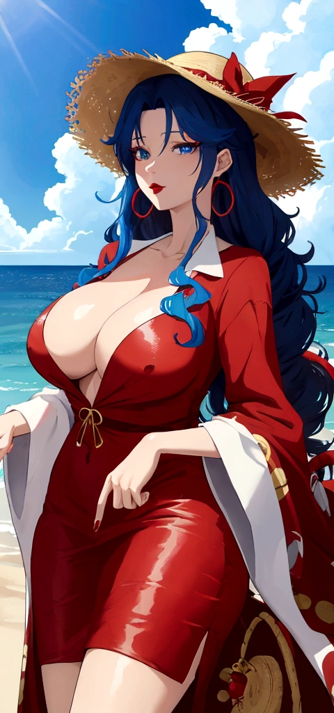 anime,boa Hancock wearing a red blouse, straw hat and snake shaped earrings, blue eyes, curly hair, big ?????, red lipstick