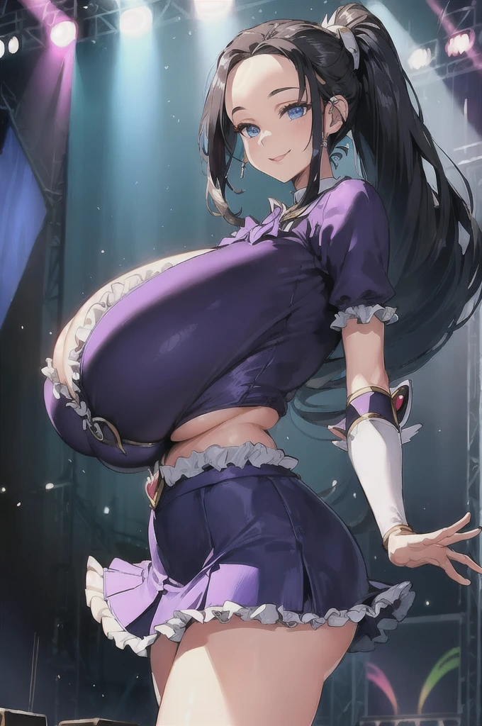 (best quality), (very aesthetic), (ultra-detailed), (best (best quality), (very aesthetic), (ultra-detailed), (best illustration),
(((one women))),(((black hair))),(((long hair))),(((high ponytail))),(((forehead))),(((blue eyes))),(((beautiful face))),(((huge breasts:1.8))),
BREAK,(((magical girl purple outfit,frill mini skirt:1.3)))
BREAK,(((seductive smile))),
BREAK,(((model posing))),(arm,behind back),
BREAK,(((On the stage at a music festival))),
BREAK, (((Angle from below)))