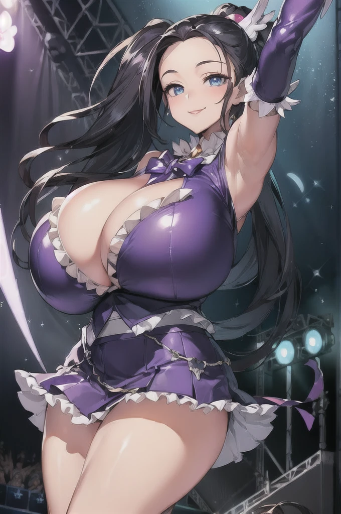 (best quality), (very aesthetic), (ultra-detailed), (best (best quality), (very aesthetic), (ultra-detailed), (best illustration),
(((one women))),(((black hair))),(((long hair))),(((high ponytail))),(((forehead))),(((blue eyes))),(((beautiful face))),(((huge breasts:1.8))),
BREAK,(((magical girl purple outfit,frill mini skirt:1.3)))
BREAK,(((seductive smile))),
BREAK,(((model posing))),(arm,behind back),
BREAK,(((On the stage at a music festival))),
BREAK, (((Angle from below)))