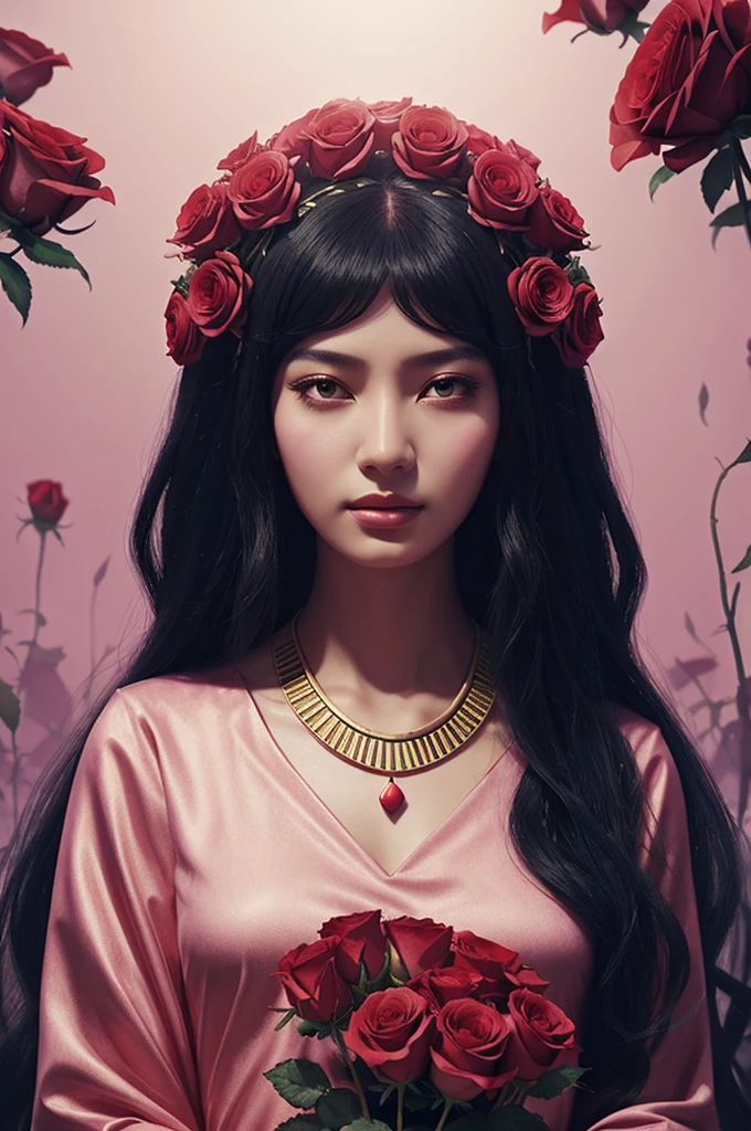 a portrait of a sad lady pharaoh, surrounded by red roses, whimsical daydream fantasy, hyperwarping deity, eerie, pastel colors, sci-fi concept art by Hsiao Ron Cheng