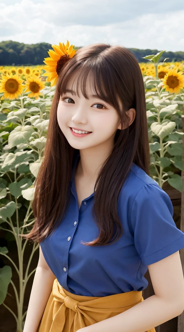 Tabletop, Highest quality, Very detailed, In detail, High resolution, 8k wallpaper, Beautiful big eyes,Black-haired、17 years old, Slender body、爽やかなsmile、Shows the whole body down to the waist、Very beautiful face,Very well-formed face、With sunflowers in the background、A beautiful girl wearing a short-sleeved dress shirt、smile、Black Skirt、