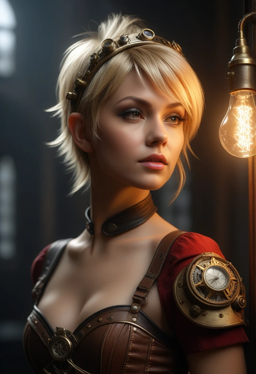 ((fantasy)1.5 photography, high-quality imagery), hyperdetailed, hyperrealistic,full scene,realism,Close up shot of an realistic tinkerbell in steampunk style, portrait photography,blonde short hair, sidecut with red streaks, tinkerbell steampunk dress,MASTERPIECE, light reflections, cgi vfx, various colors, fantasy art, horror art,dark fantasy,high definition, cinematic, behance contest winner, stylized digital art, smooth, ultra high definition, 32k, unreal engine 5, ultra sharp focus, intricate artwork masterpiece, ominous, epic, 32k details, ultra details, dynamic lighting, cinematic, photo-realistic, 50mm lens, f/2.8, natural lighting, HDR, realism, mysterious, 64 megapixels, depth of field, hyperrealism, photorealistic, 32k ultra fine detail, masterpiece, High detailed, Realism, Epic, Enhance, Beautify, Epicrealism, intricate, detailed, 500px, promo shot, 3d render,