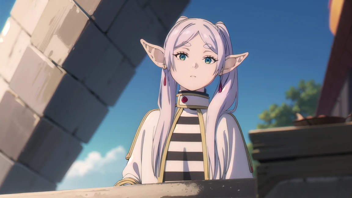 to freeze, to freeze, long hair, ponytail, (green eyes:1.5), White hair, pointed ears, elf, full length (full body 1.1.),
BREAK shirt, long sleeves, jewelry, Tights, earrings, striped, black Tights, lure, striped shirt,
BREAK looking at viewer, upper body, whole body,
BREAK outdoors, sky, nature,
BREAK (masterpiece:1.2), Best quality, A high resolution, unity 8k wallpaper, (illustration:0.8), (beautiful detailed eyes:1.6), very detailed face, perfect lighting, extremely detailed computer graphics, (perfect hands, Ideal Anatomy),