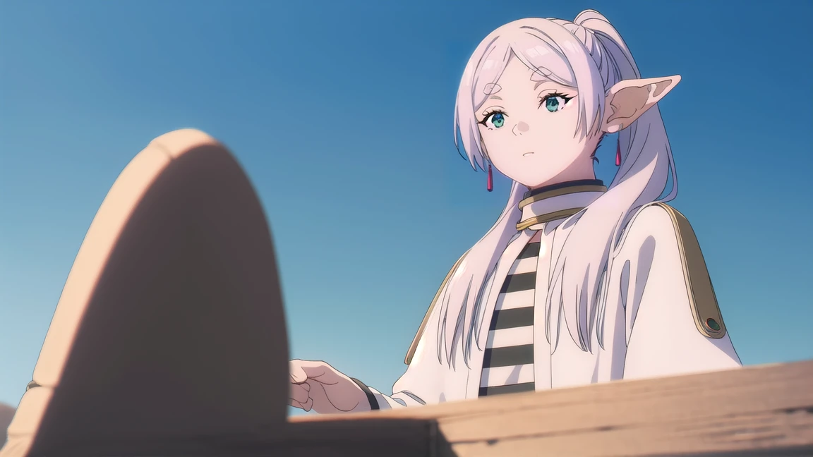 to freeze, to freeze, long hair, ponytail, (green eyes:1.5), White hair, pointed ears, elf, full length (full body 1.1.),
BREAK shirt, long sleeves, jewelry, Tights, earrings, striped, black Tights, lure, striped shirt,
BREAK looking at viewer, upper body, whole body,
BREAK outdoors, sky, nature,
BREAK (masterpiece:1.2), Best quality, A high resolution, unity 8k wallpaper, (illustration:0.8), (beautiful detailed eyes:1.6), very detailed face, perfect lighting, extremely detailed computer graphics, (perfect hands, Ideal Anatomy),