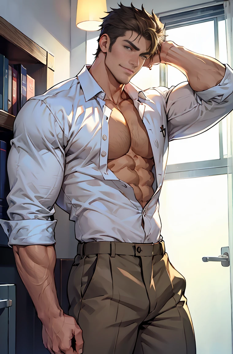 Hot tall muscular male, tall body, sexy body, the man has his hands unbuttoning his white shirt, big pecs, Happy threal