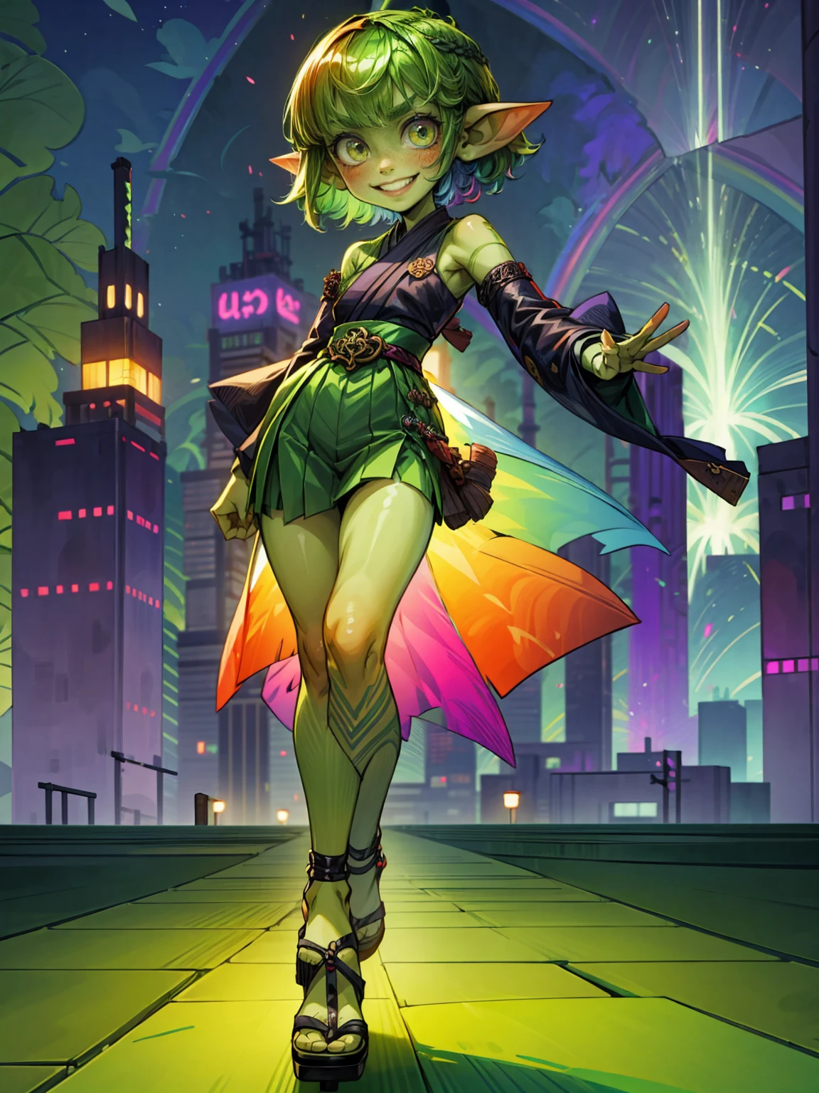1 girl, short hair, green goblin girl, green skin, small pointy ears, ((rainbow hair1.3)), wearing fashionable Japanese urbanwear, smiling, sandals, full body, walking in tokyo, dynamic pose, outdoors, in toyko, city, dusk, dynamic lighting, tokyo background