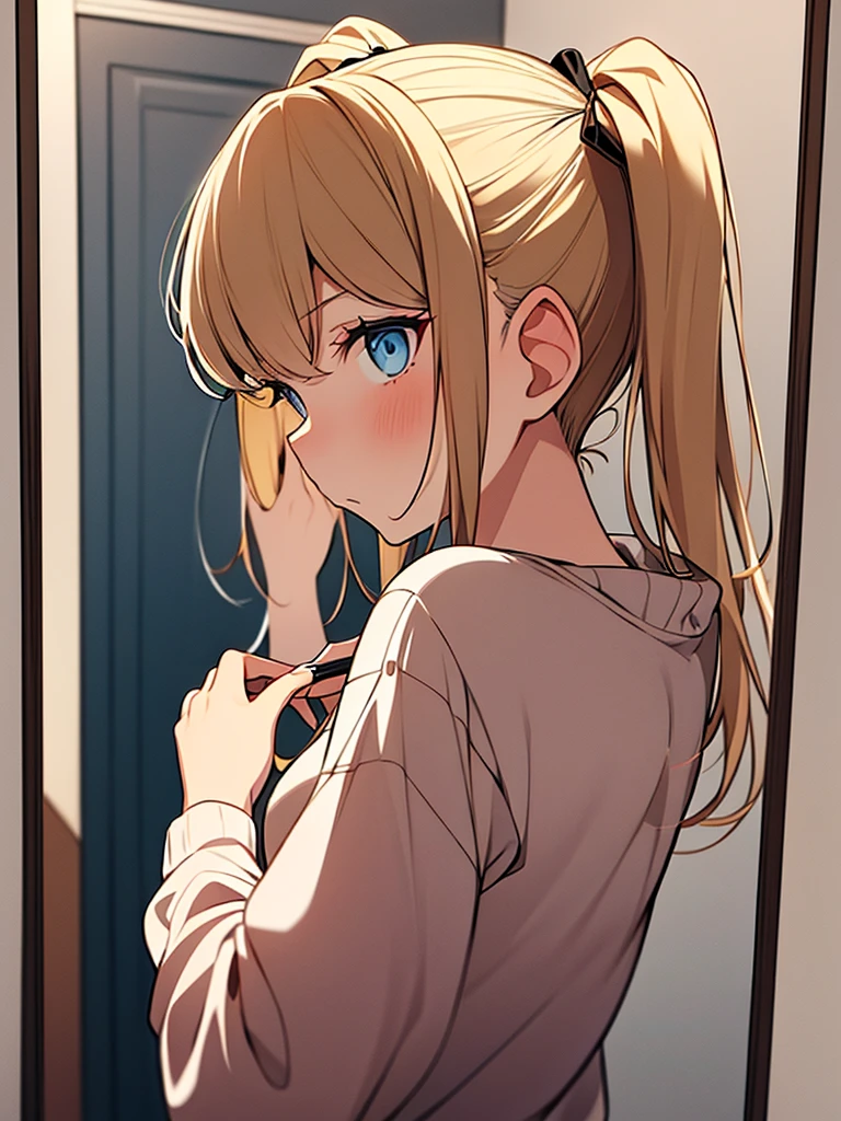 an adult girl, looking in the mirror and putting makeup on her face, She has two pigtails falling over her shoulders, SHE HAS BLONDE HAIR, blue eyes and casual clothes, she is getting ready in a quiet room for an elegant party
