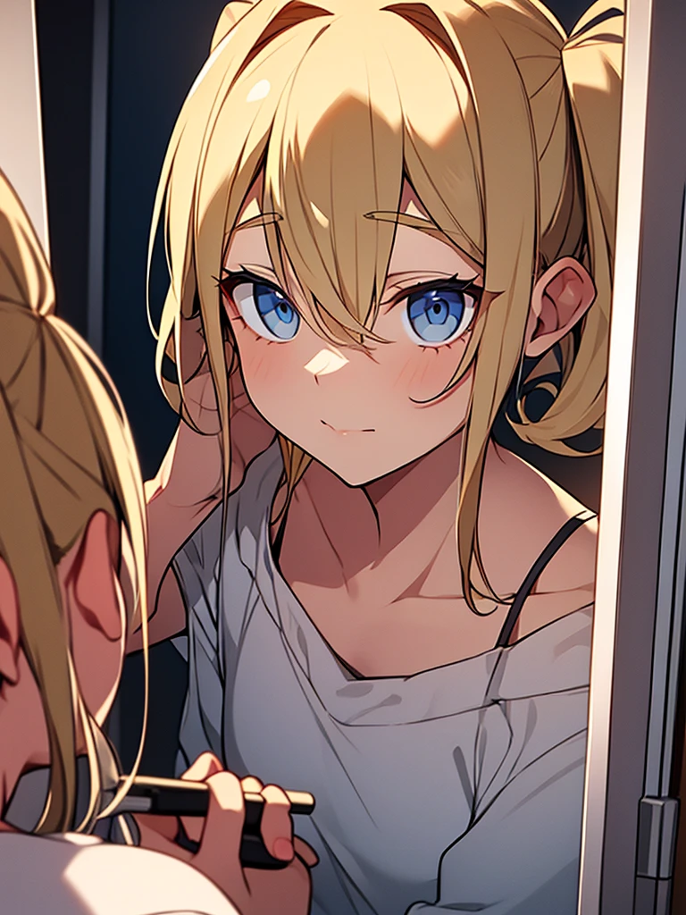 an adult girl, looking in the mirror and putting makeup on her face, She has two pigtails falling over her shoulders, SHE HAS BLONDE HAIR, blue eyes and casual clothes, she is getting ready in a quiet room for an elegant party