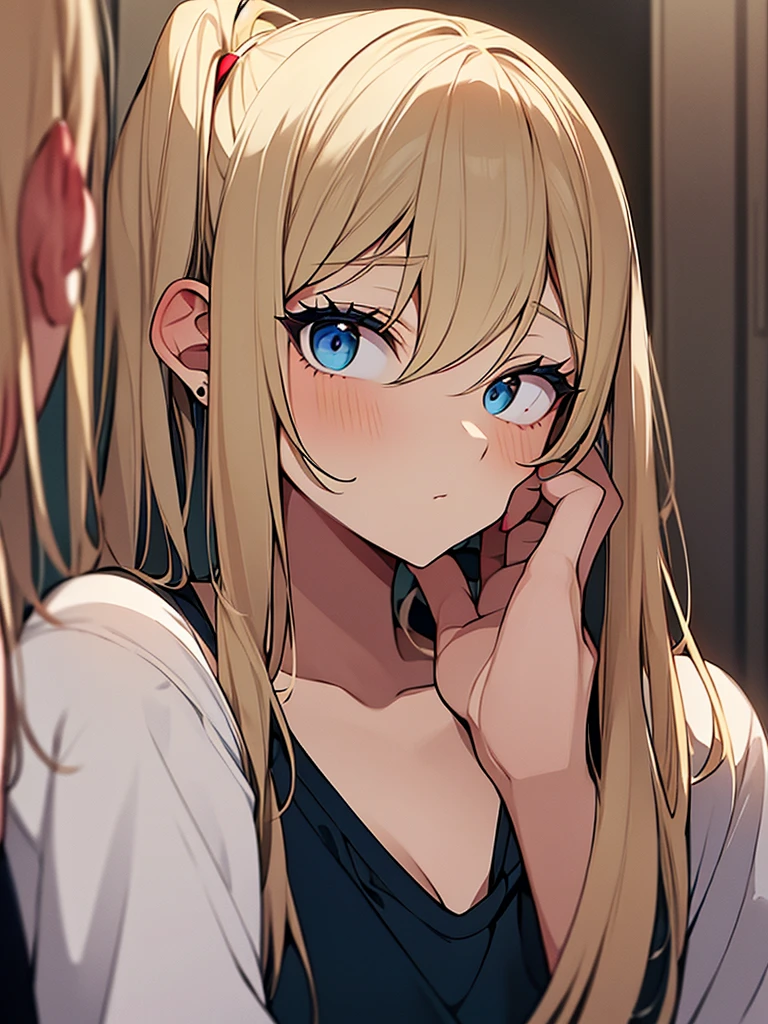 an adult girl, looking in the mirror and putting makeup on her face, She has two pigtails falling over her shoulders, SHE HAS BLONDE HAIR, blue eyes and casual clothes, she is getting ready in a quiet room for an elegant party