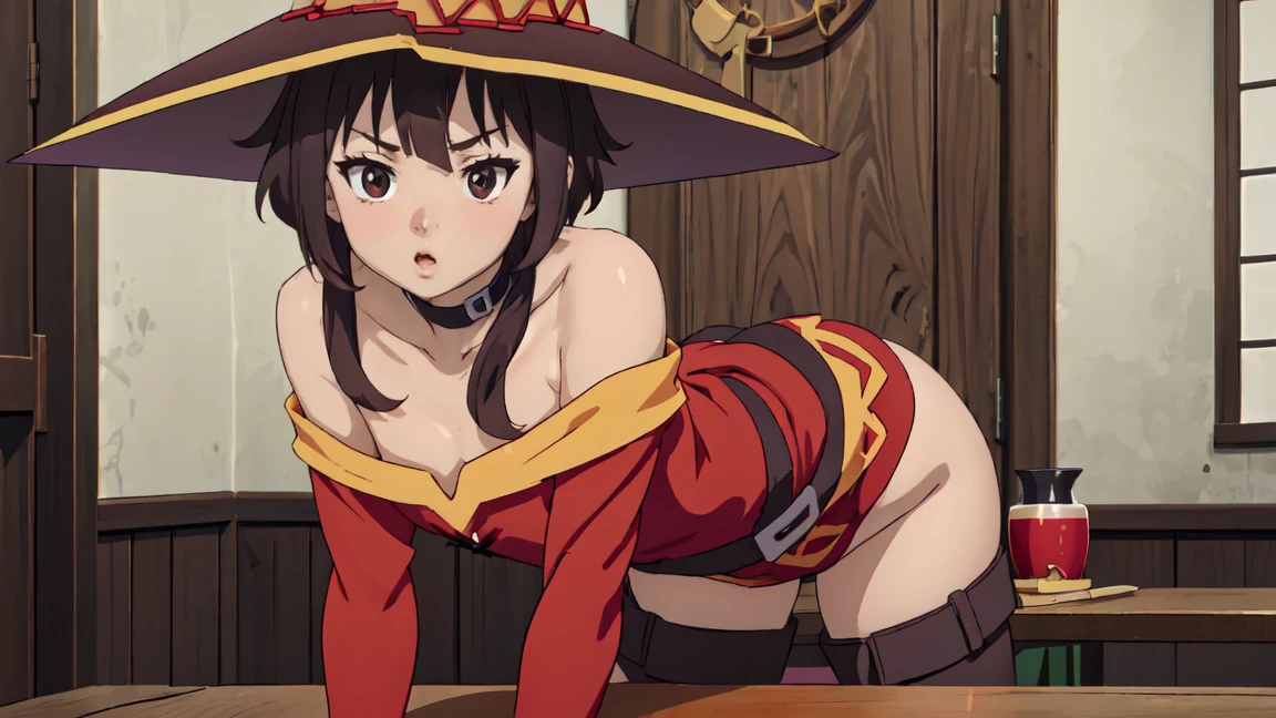 Artgerm, table, Best quality, extremely detailed, table, Best quality, Megumin, 1 girl in, bare shoulders, nude, Sex pose, elastic , beautiful buttocks, стоит опершись о table, nude, very sexy, Black e.g, black gloves, black hair, e.g, necklace, clavicle, dress, hair between eyes, It has, long sleeves, I look at the viewer, Medium hair, off shoulder dress, off the shoulders, Red dress, Red eyes, side locks, One, witch hat, in room