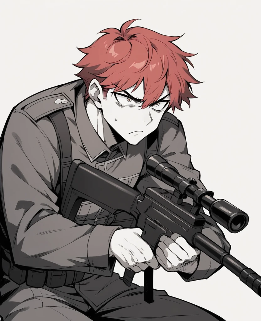 Teenage boy, Red hair, black military clothes, purples eyes, holding a sniper rifle, determined face, 18 years old. Monochrome manga style art.
