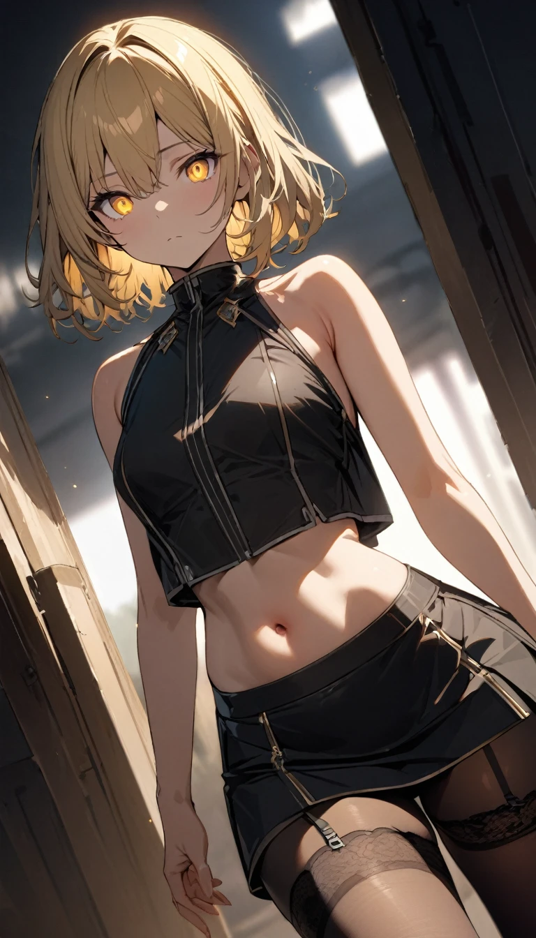 a handsome girl, solo, blond hair, yellow eyes,(bright eyes:1.2),
high neck sleeveless, open jacket,
[navel], black mini skirt, garter rings, tights, expressionless, blurry background, perfect lighting, perfect angle, masterpiece, best quality, extremely detailed face