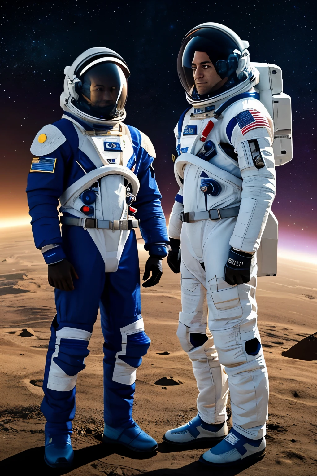 arafed image of a man in a space suit and a man in a space suit, science fiction suit, fully space suited, futuristic spacesuit, wearing space techwear, modern space suit, science fiction space suit, interstellar space suit, spacesuit, wear spacesuits, sci - fi suit, space suit, dusty space suit, focus on anti-g flight suit