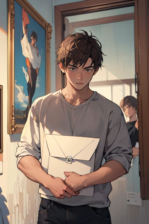 ((best qualityer)), ((work of art)), (detailded), 1 boy in the background, holding the letter "w", dark brown hair, looking 35º down. 