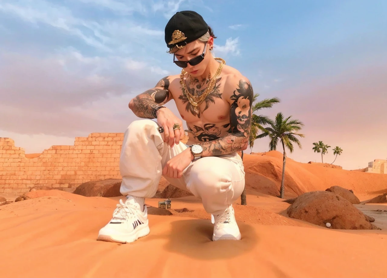 Man squatting shirtless black cap gold watch white pants white sneakers 