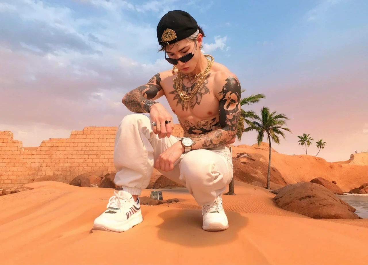 Man squatting shirtless black cap gold watch white pants white sneakers 