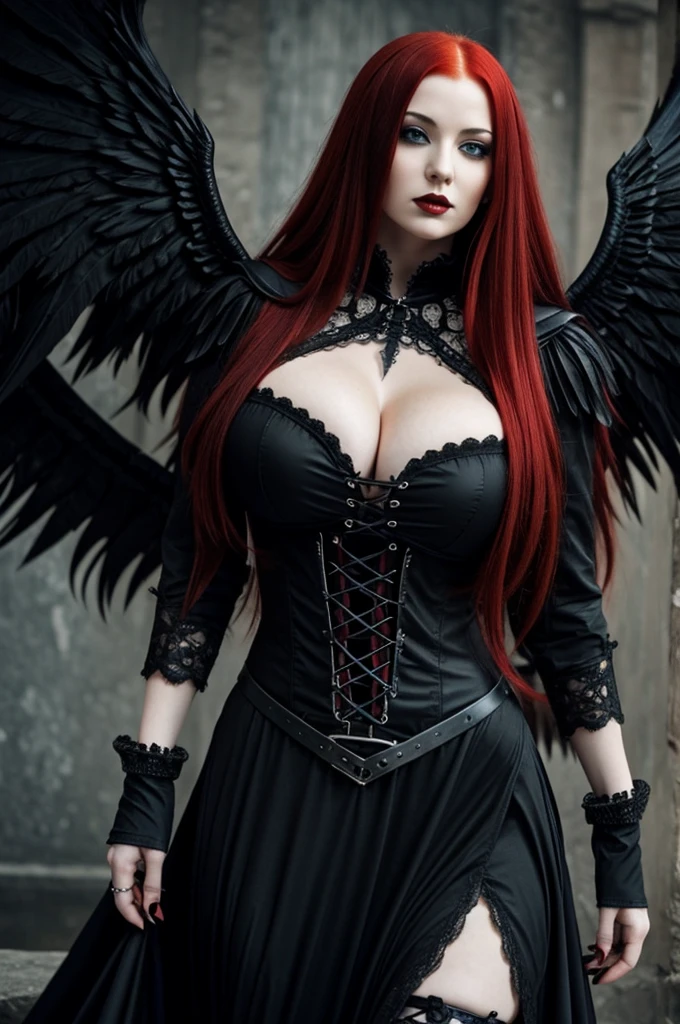 Long red hair woman with huge breasts and gothic clothes and black wings