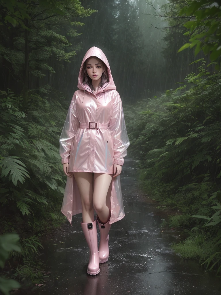 a pretty girl in a long light pink shiny A frame buttoned thick raincoat, tall pink rainboots, long hair, wearing a hood, buttoned up coat, soaking wet in the rain, detailed facial features, beautiful detailed eyes, beautiful detailed lips, extremely detailed face and eyes, longeyelashes, photorealistic, 8k, masterpiece, highly detailed, intricate details, cinematic lighting, dramatic lighting, moody atmosphere, rainy, stormy weather, lush nature, forest background