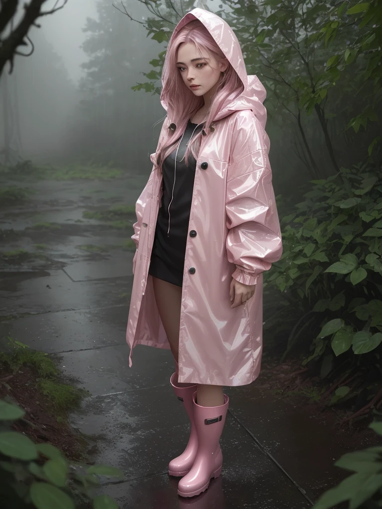 a pretty girl in a long light pink shiny A frame buttoned thick raincoat, tall pink rainboots, long hair, wearing a hood, buttoned up coat, soaking wet in the rain, detailed facial features, beautiful detailed eyes, beautiful detailed lips, extremely detailed face and eyes, longeyelashes, photorealistic, 8k, masterpiece, highly detailed, intricate details, cinematic lighting, dramatic lighting, moody atmosphere, rainy, stormy weather, lush nature, forest background