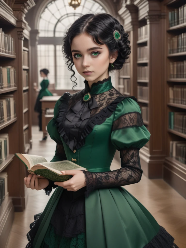 8k, masterpiece, highly detailed,
1girl wearing an emerald green (victorian dress), black hair, ringlets, green eyes,
full body, head tilt, holding a book, library, black lace