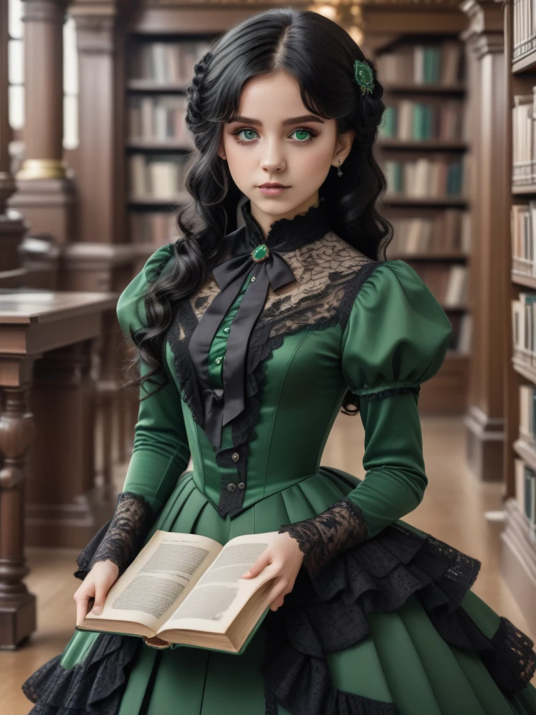 8k, masterpiece, highly detailed,
1girl wearing an emerald green (victorian dress), black hair, ringlets, green eyes,
full body, head tilt, holding a book, library, black lace