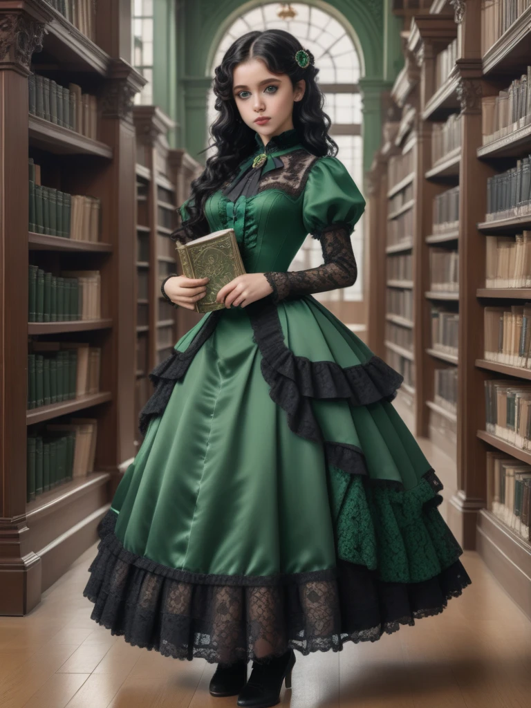 8k, masterpiece, highly detailed,
1girl wearing an emerald green (victorian dress), black hair, ringlets, green eyes,
full body, head tilt, holding a book, library, black lace