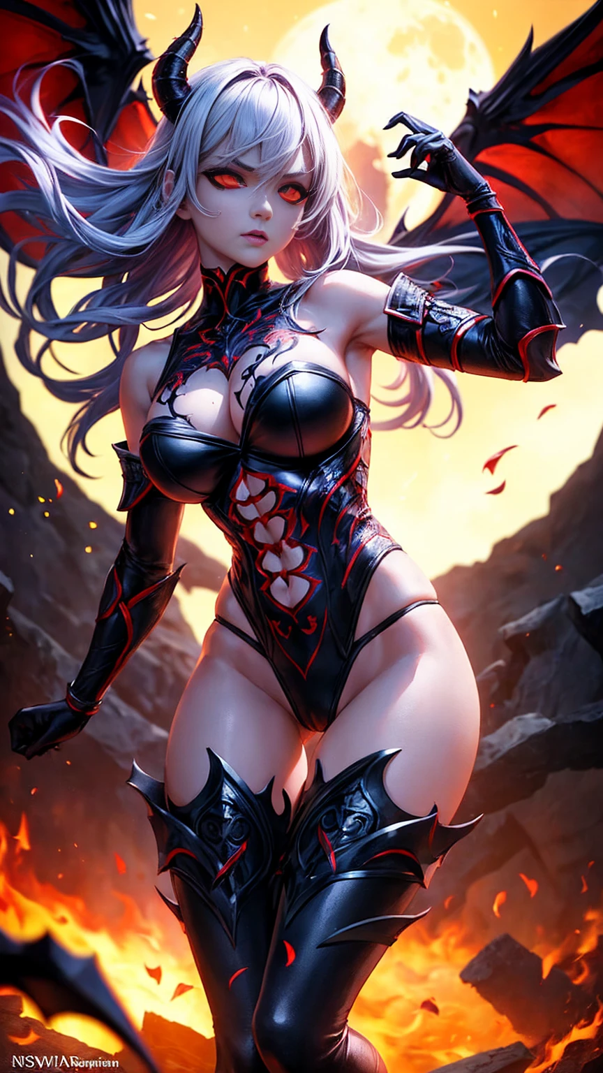 girl, demoness warrior, comprised of Antikythera mechanisms, dark, foreboding, dynamic action, dynamic motion, crouching, evil look, sexy, busty, sheer lowleg panties, curvy hips, claws, fangs, wings, busty, demon tail, demon bone armor, facepaint, bodypaint, red glowing eyes, combat stance, vibrant appearance, creative behavior, imaginative, sensual, spontaneous, highest quality, skin texture, intricate details, (cinematic lighting), RAW photo, 8k, under moonlight, nightmarish, full moon, firestorm, debris
