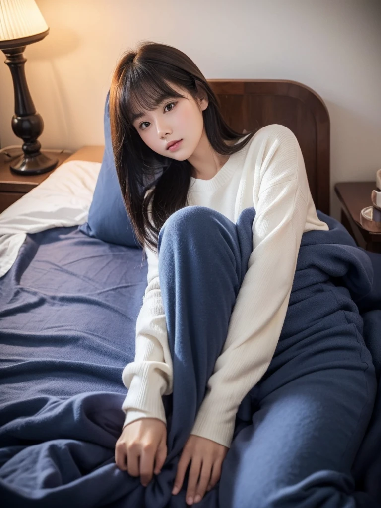 Create images with 8k clarity., 
It&#39;s a virtual image., High definition photos, 
It is a 180 degree wide viewing angle., 
go pro camera view, 
It is a picture of a 30 year old young man., 
Good looks, white skin, white face, 
I am half Thai and half South Korean., 
Keep your hair in a low, slightly long style.,
Keep your bangs neat and simple in a cute, Korean style., Wear a long-sleeved navy blue sweater., Wear long navy blue pants., Sleep covered with a blanket and duvet. white cartoon pattern With the cold, The man is having a high fever. My face was sweating. There was a fever-reducing gel on my forehead., The atmosphere is at night with only dim light from the bedside lamp., Photographer in the following order for me please.
