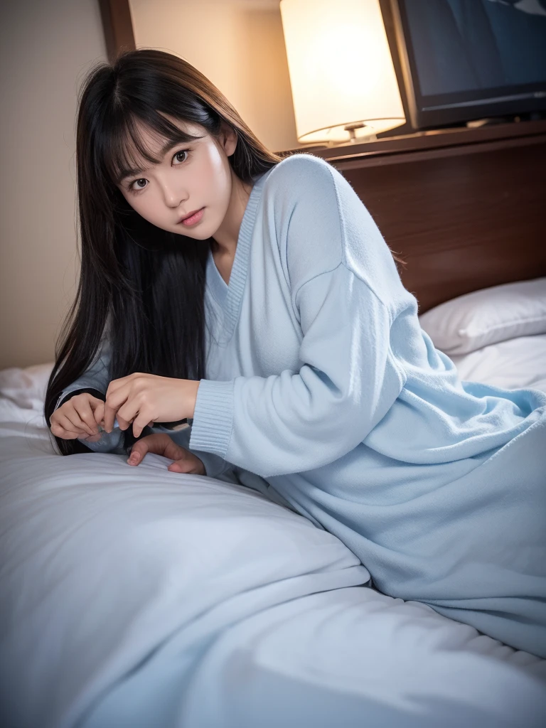 Create images with 8k clarity.,
It's a virtual image., High definition photos,
It is a 180 degree wide viewing angle.,
go pro camera view,
It is a picture of a 30 year old young man.,
Good looks, white skin, white face,
I am half Thai and half South Korean.,
Keep your hair in a low, slightly long style.,
Keep your bangs neat and simple in a cute, Korean style., Wear a long-sleeved navy blue sweater., Wear long navy blue pants., Sleep covered with a blanket and duvet. white cartoon pattern With the cold, The man is having a high fever. My face was sweating. There was a fever-reducing gel on my forehead., The atmosphere is at night with only dim light from the bedside lamp., Photographer in the following order for me please.
