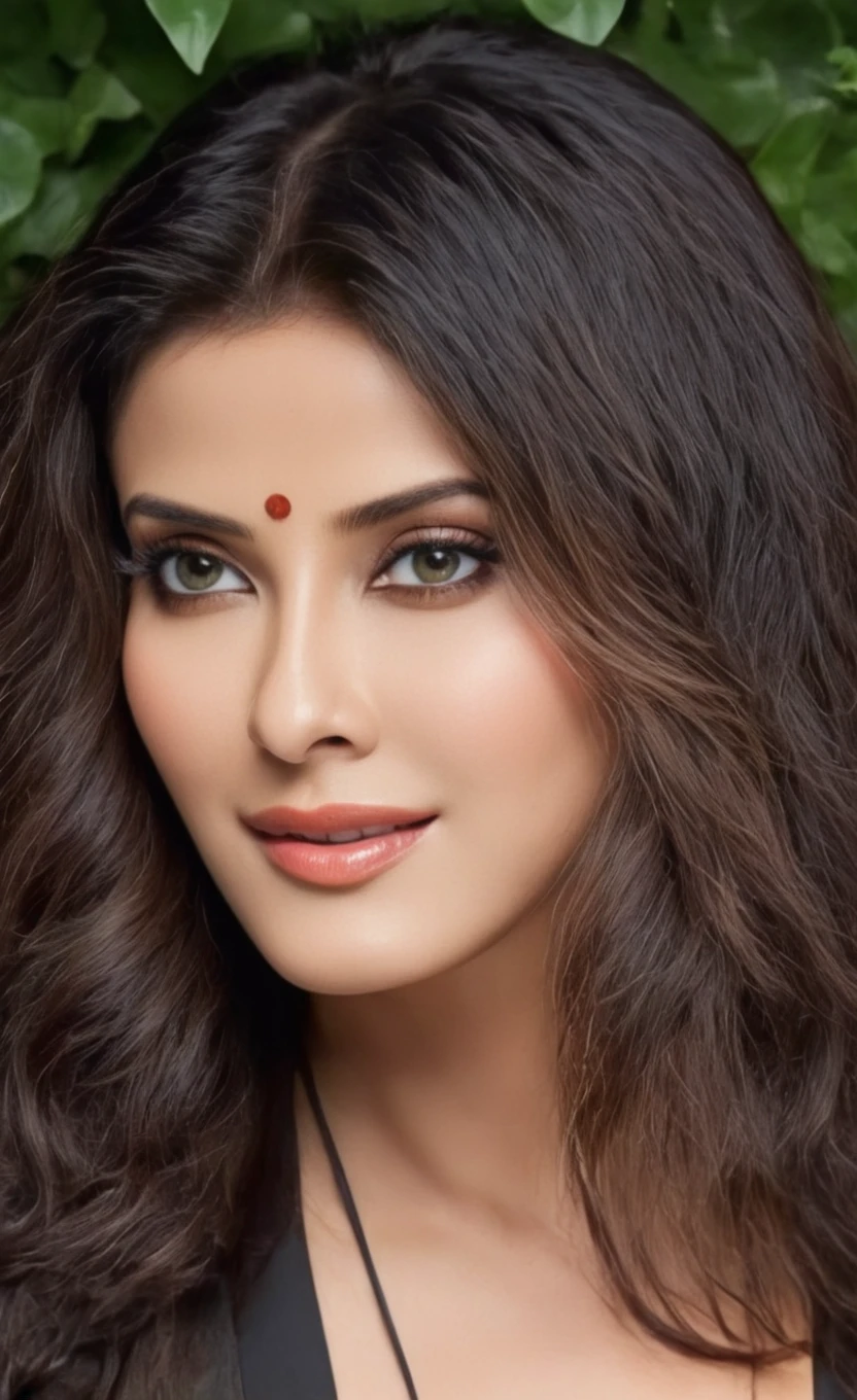 nanx, 1 mulher adulta, beautiful Bollywood supermodel, big chest, cabelo comprido, cabelo cacheado, cabelo cor preto, pele suave, olhos castanhos, sorrir, vegetation, Occasional, Businesswoman style clothes, blaser marrom claro, realista, com fundo em um restaurante chique, 8k super realista, super detalhado e realista, superb lighting, shining skin, white complexion, beautiful gorgeous face, beautiful body, beautiful eyes nose lips