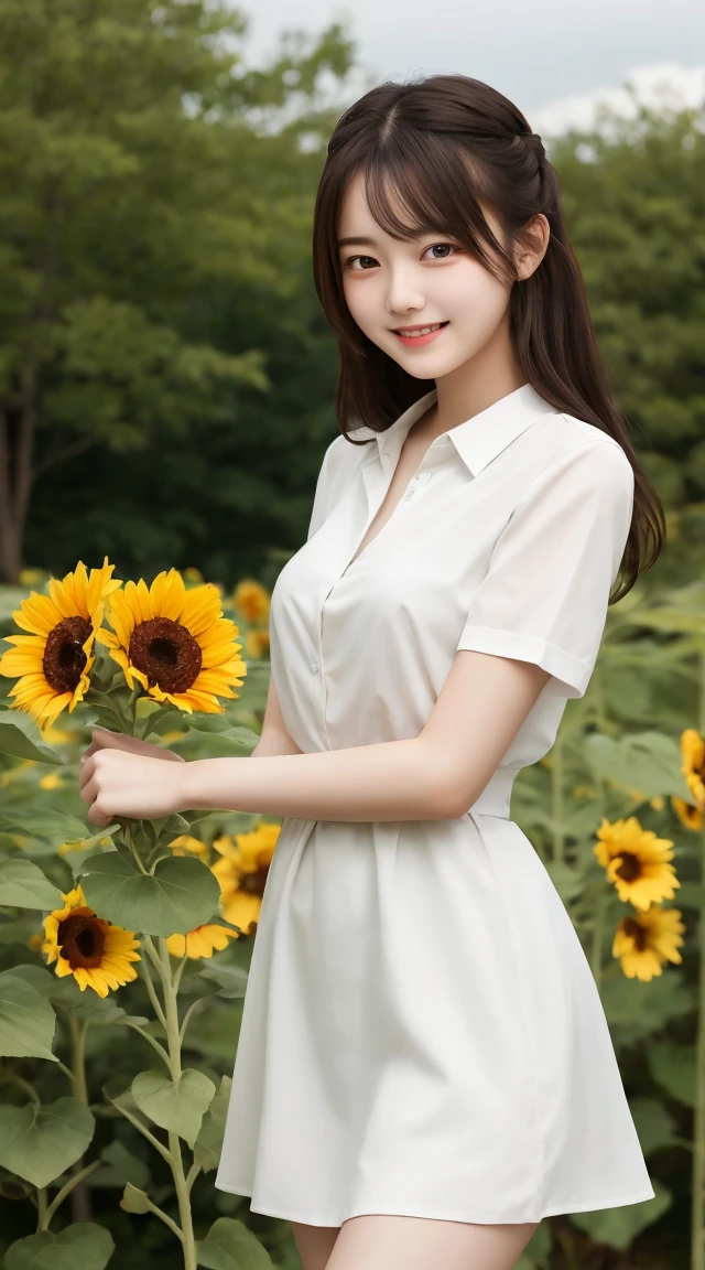 Tabletop, Highest quality, Very detailed, In detail, High resolution, 8k wallpaper, Beautiful big eyes,Black-haired、17 years old, Slender body、爽やかなsmile、Shows the whole body down to the waist、Very beautiful face,Very well-formed face、With sunflowers in the background、A beautiful girl wearing a short-sleeved dress shirt、smile、Black Skirt、