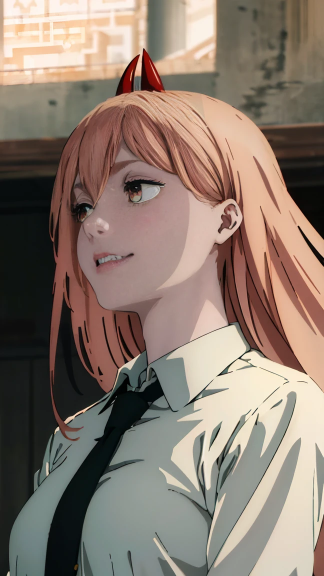 (Best quality), (masterpiece), (only), 1 girl, Maybe_XM, peach hair, yellow eyes, cross-shaped pupils, pupils in the form of symbols, red horns, white button up shirt, black tie, sharp teeth, smile, long hair, whole body