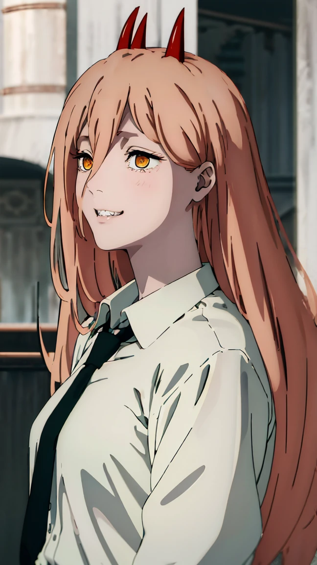 (Best quality), (masterpiece), (only), 1 girl, Maybe_XM, peach hair, yellow eyes, cross-shaped pupils, pupils in the form of symbols, red horns, white button up shirt, black tie, sharp teeth, smile, long hair, whole body