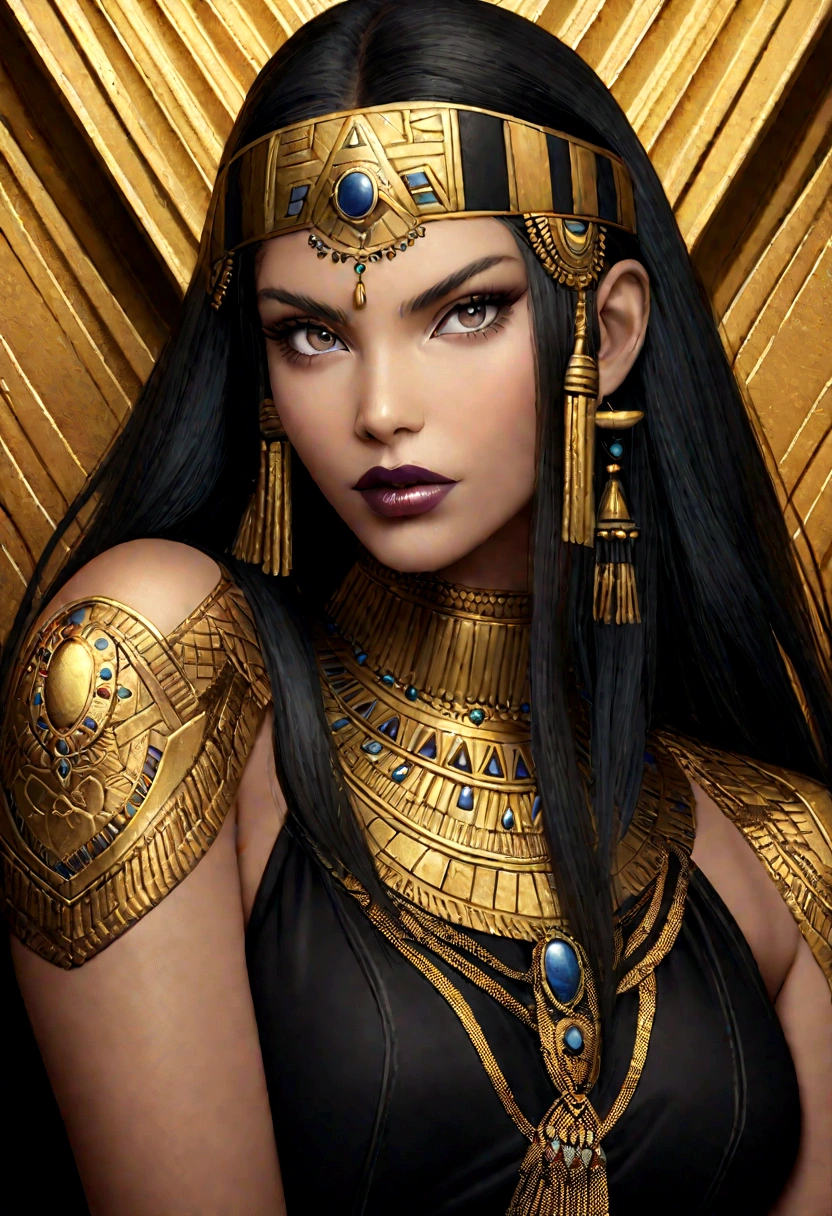 Hyper realistic photoshoot woman model vogue fashion magazine cover inspired by egyptian goddess modern days realistic skin hair face posing cleopatra Egyptian pyramids realistic person with goth fashion detailed clothing