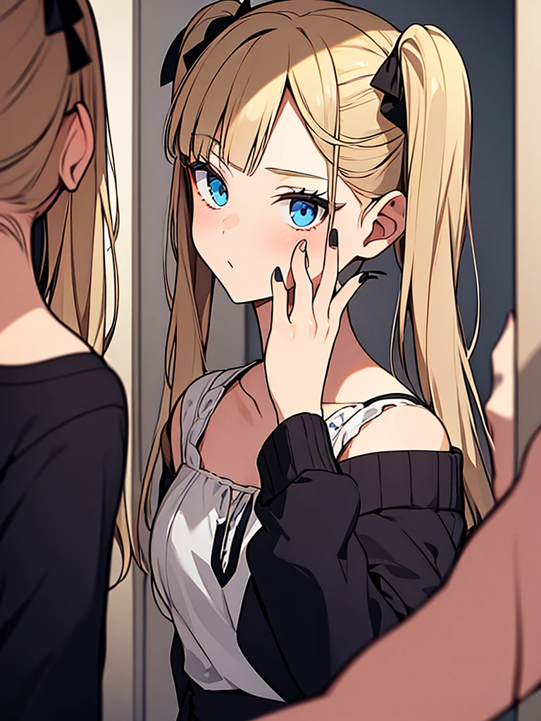 an adult girl, looking in the mirror and putting makeup on her face, She has two pigtails falling over her shoulders, SHE HAS BLONDE HAIR, blue eyes and casual clothes, she is getting ready in a quiet room for an elegant party