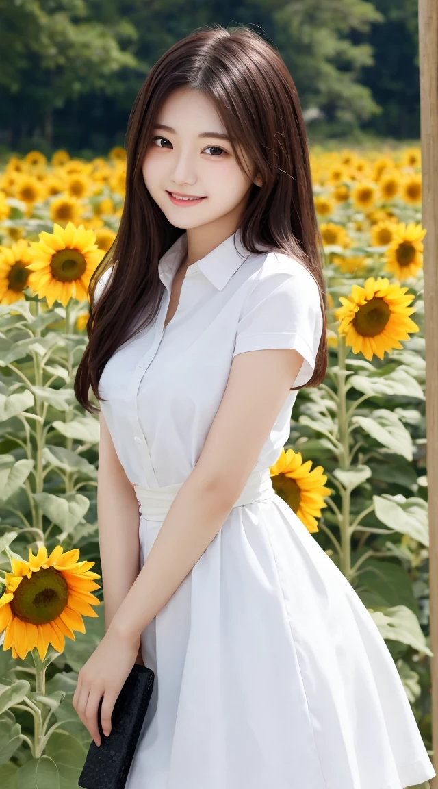 Tabletop, Highest quality, Very detailed, In detail, High resolution, 8k wallpaper, Beautiful big eyes,Black-haired、, Slender body、爽やかなsmile、Shows the whole body down to the waist、Very beautiful face,Very well-formed face、With sunflowers in the background、A beautiful girl wearing a short-sleeved dress shirt、smile、Black Skirt、