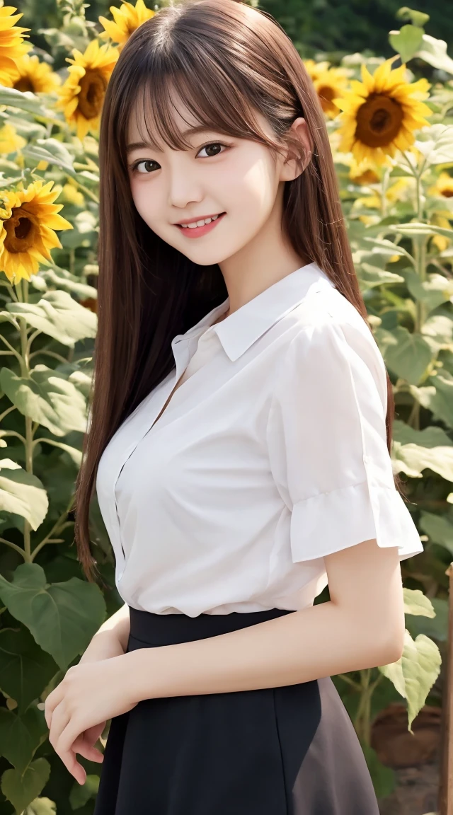 Tabletop, Highest quality, Very detailed, In detail, High resolution, 8k wallpaper, Beautiful big eyes,Black-haired、17 years old, Slender body、爽やかなsmile、Shows the whole body down to the waist、Very beautiful face,Very well-formed face、With sunflowers in the background、A beautiful girl wearing a short-sleeved dress shirt、smile、Black Skirt、