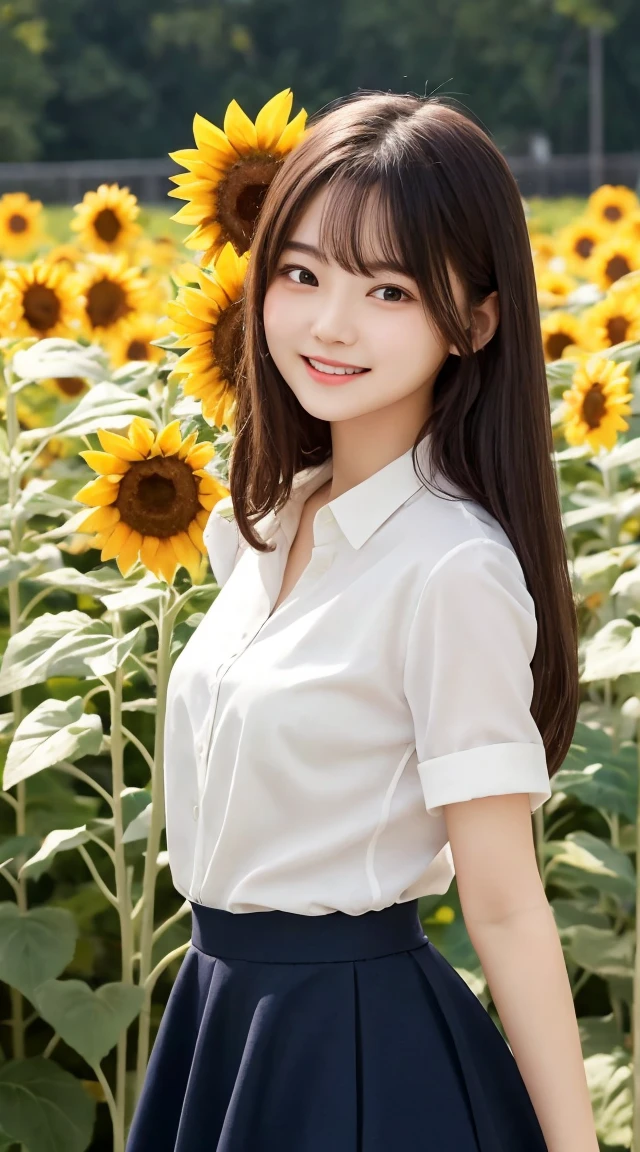 Tabletop, Highest quality, Very detailed, In detail, High resolution, 8k wallpaper, Beautiful big eyes,Black-haired、17 years old, Slender body、爽やかなsmile、Shows the whole body down to the waist、Very beautiful face,Very well-formed face、With sunflowers in the background、A beautiful girl wearing a short-sleeved dress shirt、smile、Black Skirt、