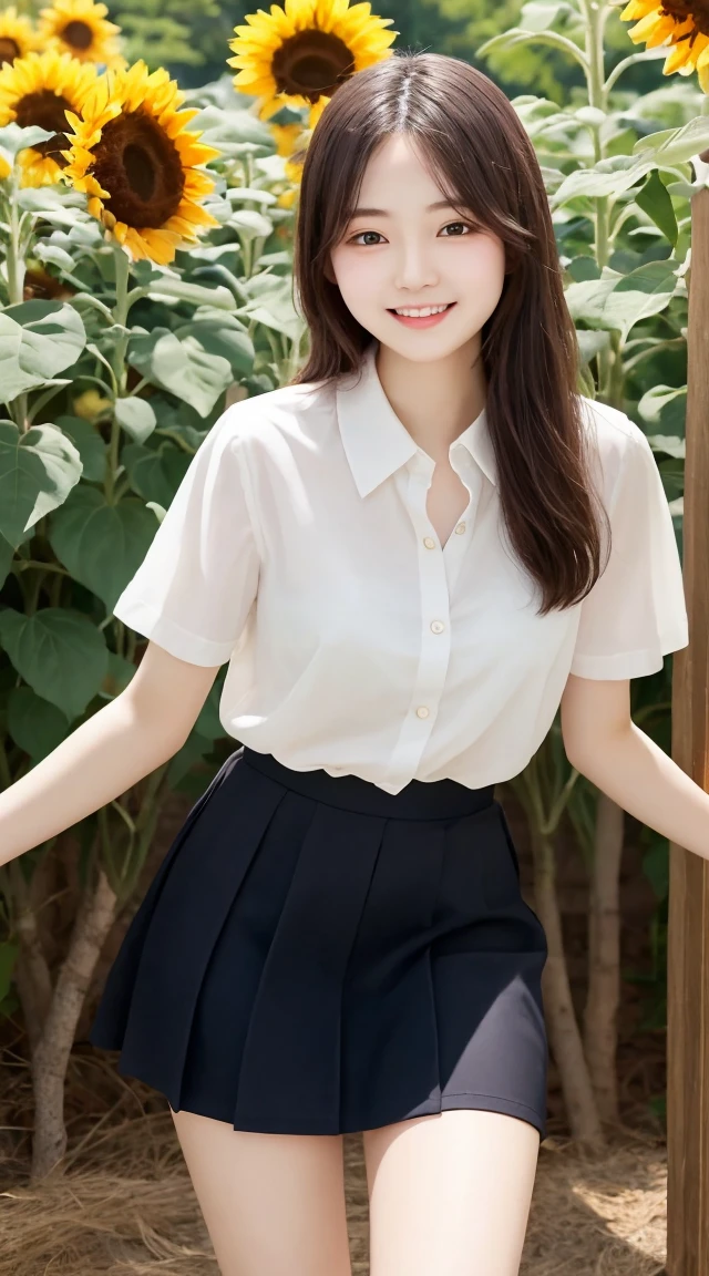 Tabletop, Highest quality, Very detailed, In detail, High resolution, 8k wallpaper, Beautiful big eyes,Black-haired、, Slender body、爽やかなsmile、Shows the whole body down to the waist、Very beautiful face,Very well-formed face、With sunflowers in the background、A beautiful girl wearing a short-sleeved dress shirt、smile、Black Skirt、