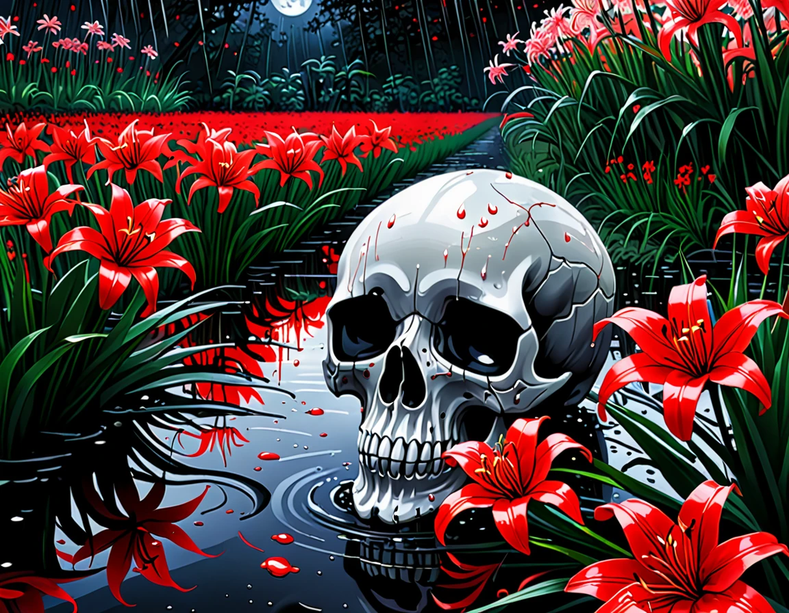 Midnight、Getting wet in the rain、A skull amongst a field of blooming red spider lilies