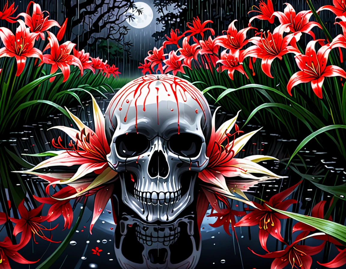 Midnight、Getting wet in the rain、A skull amongst a field of blooming red spider lilies