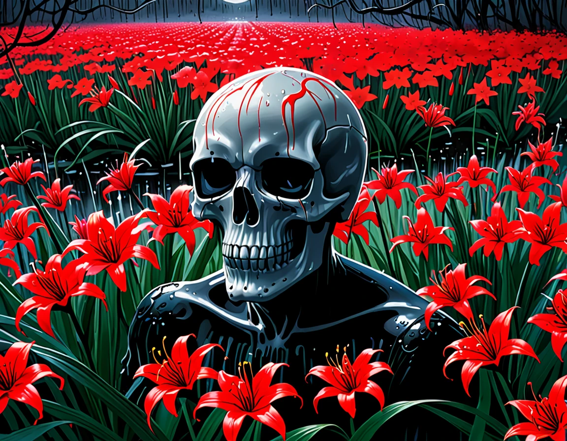 Midnight、Getting wet in the rain、A skull amongst a field of blooming red spider lilies