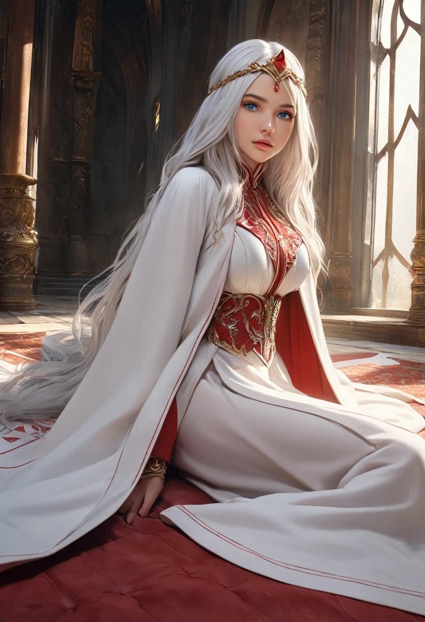 (best quality,4k,8k,highres,masterpiece:1.2), ultra-detailed, (realistic,photorealistic,photo-realistic:1.37),((Highly detailed CG Unity 8k wallpaper)), masterpiece, Super detailed, floating, High resolution, Sexually suggestive, (small, Extremely long white hair, Princess, White Mage, blue eyes, (It has long, wide sleeves and intricate embroidery. A gorgeous layered long dress in white and red with a sheer look), Bridal Veil, Circlet, Bridal Gauntlet, Blushing, shy, arched back, Frilled petticoat, Glamorous corset,