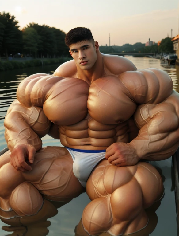 1boy, alone, giant bodybuilder, sweaty, golden hour, strong body, bulk, very large body size, rowing on water rafts, at the city water canal, nude, white triangular underwear, prominent bulge, extraordinary big, brutalmass, giant, muscular body, bulk, buff, massive body, large meaty body size, extremely wide body