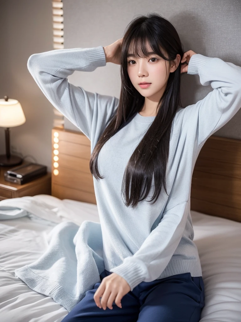 Create images with 8k clarity.,
It's a virtual image., High definition photos,
It is a 180 degree wide viewing angle.,
go pro camera view,
It is a picture of a 30 year old young man.,
Good looks, white skin, white face,
I am half Thai and half South Korean.,
Keep your hair in a low, slightly long style.,
Keep your bangs neat and simple in a cute, Korean style., Wear a long-sleeved navy blue sweater., Wear long navy blue pants., Sleep covered with a blanket and duvet. white cartoon pattern With the cold, The man is having a high fever. My face was sweating. There was a fever-reducing gel on my forehead., The atmosphere is at night with only dim light from the bedside lamp., Photographer in the following order for me please.