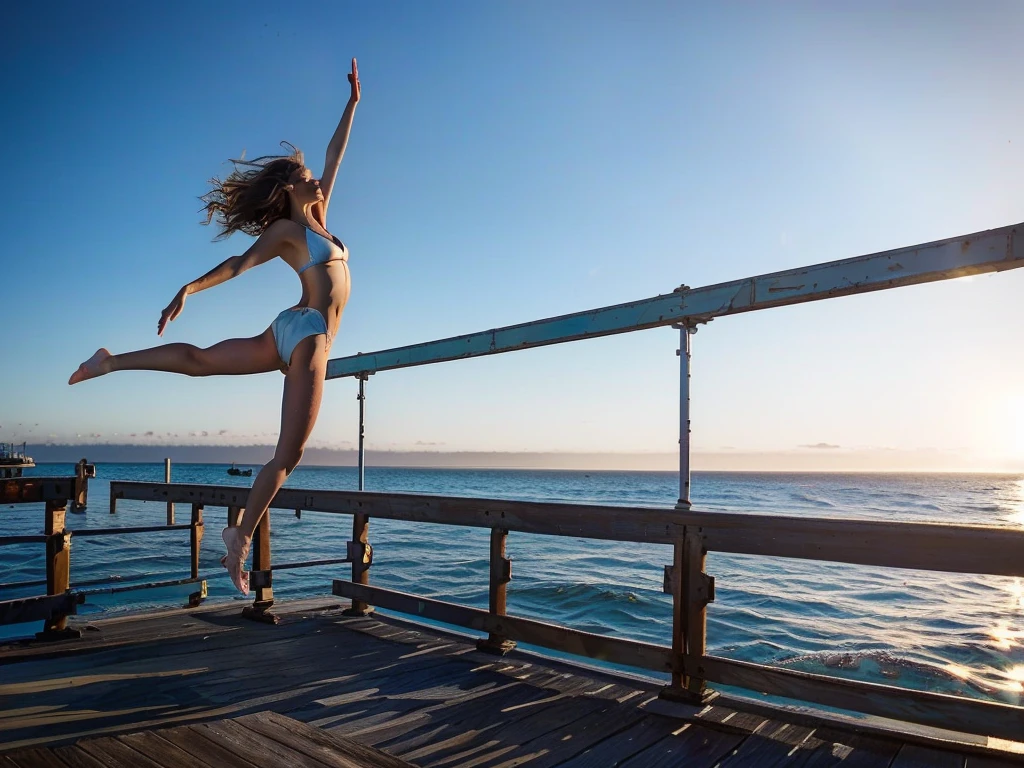 araffe woman standing on a pier with her arms outstretched in the air, girl dancing on cliff, leaping with arms up, beautiful view, jumping for joy, beautiful views, leaping into the air, dancing on the beach, karolina cummings, stunning visual, beautiful daylight, artistic interpretation, by Niko Henrichon, in a jumping float pose