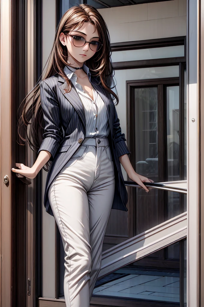 (masterpiece, best quality:1.2), detailed face, detailed eyes, elegant woman, long hair, high heeled,shiny skin,welcomes you at the door, Shirt, pants,random colar, ponitail hair,cool attitude,cool glasses,exciting,cool, perfect hand:1